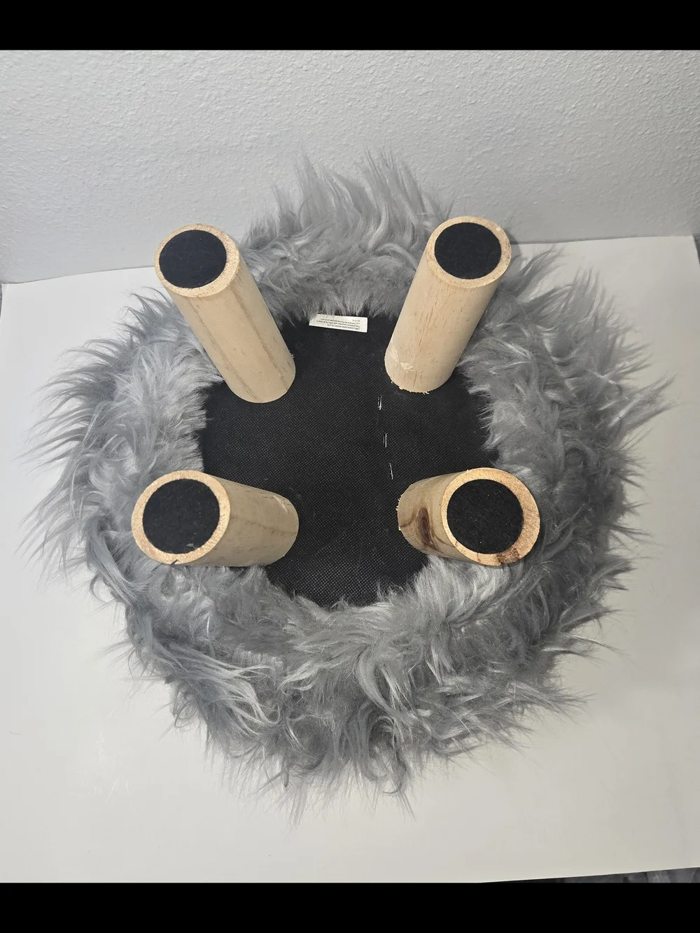 Faux Fur Gray Accent Stool with Wooden Legs